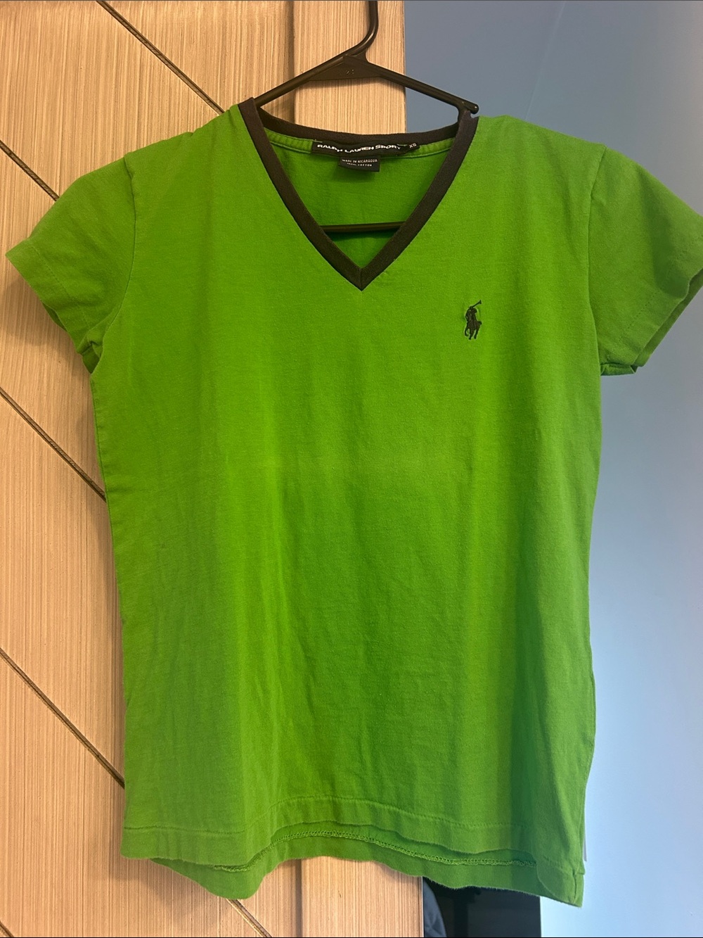 Ralph Lauren Green V-Neck Short Sleeve Polo Tee with Dark Blue Trim